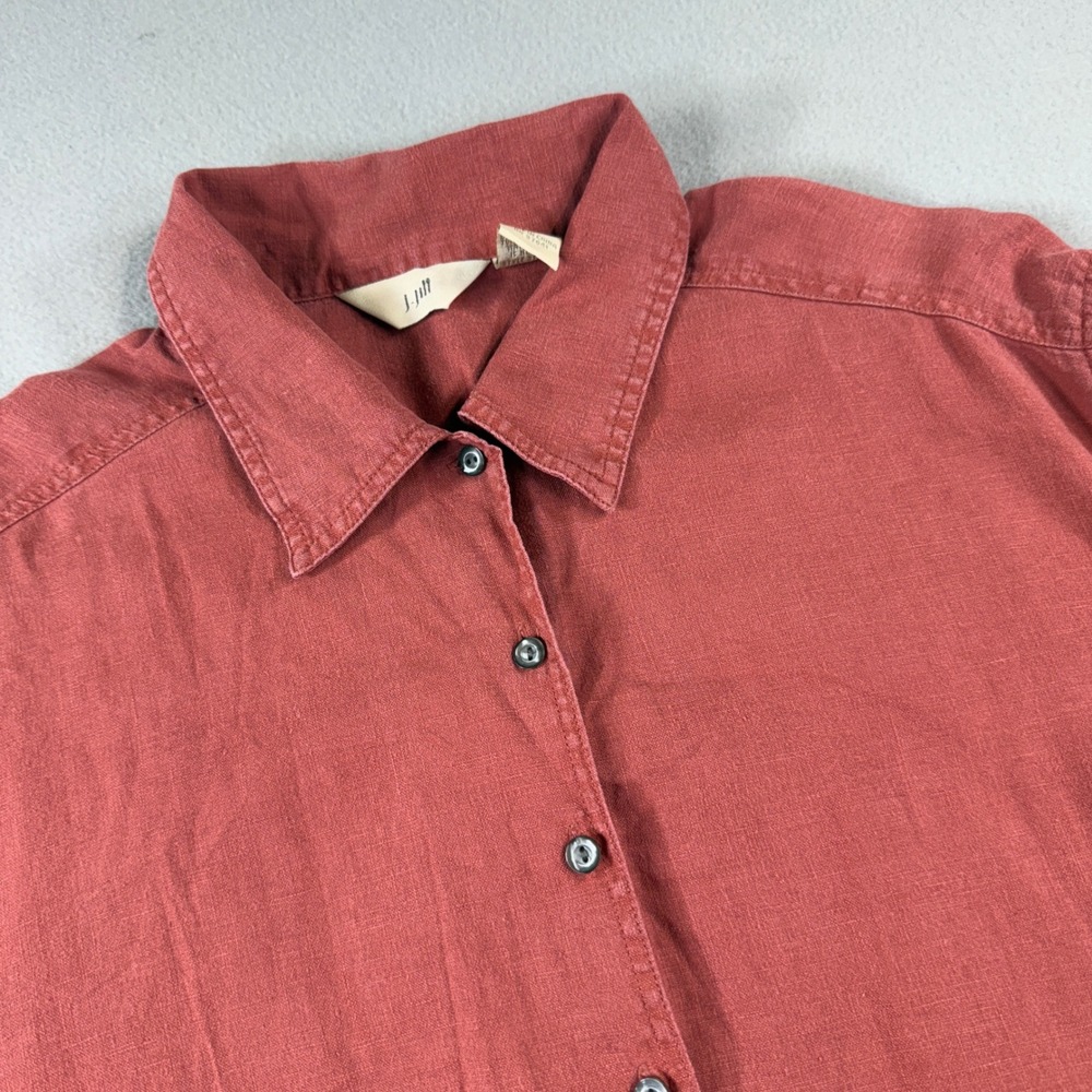J.Jill Linen Button Down Tunic Women Smocked Back Terracotta Red M